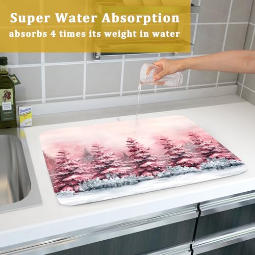 Christmas Decorative Dish Drying Pad Absorbent Microfiber Drying Mat Pink Trees Drainer Mats 18 X 24 In (Winter Trees 4724 / 24" x 18")