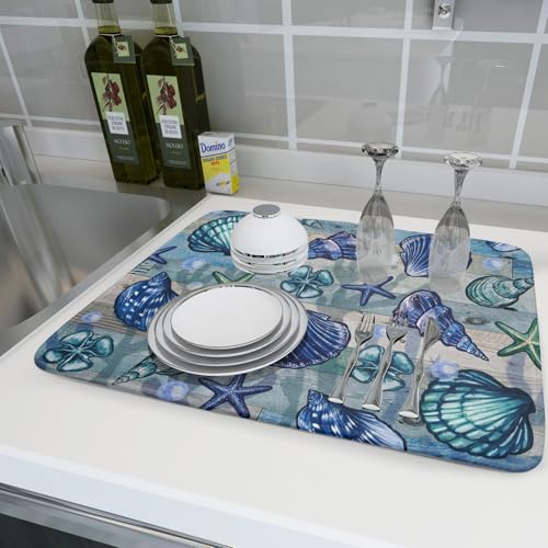 Starfish Seashell Dish Drying Mat 18x24 inch Coastal Beach Dish Drainer Rack Pad Absorbent Microfiber Fast Dry Kitchen Counter Accessories (Starfish Seashell / 18" x 24")