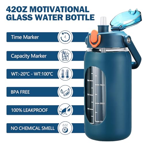 42oz Glass Water Bottles with Straw (Blue / 42 Ounces)