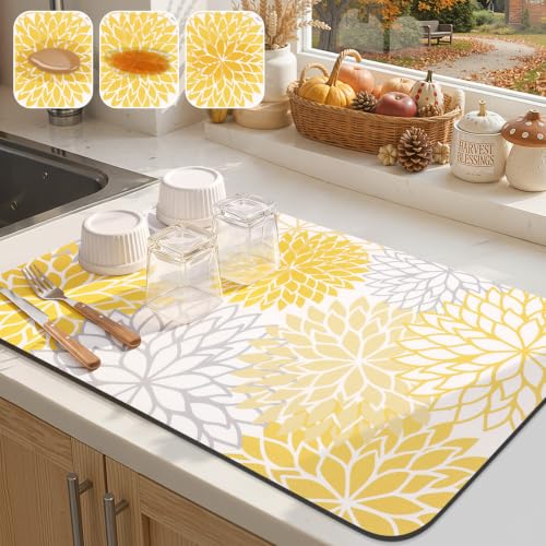 Fall Dish Drying Mat 12" x 20" Absorbent Floral Coffee Mat Yellow (Yellow / 12" x 20")