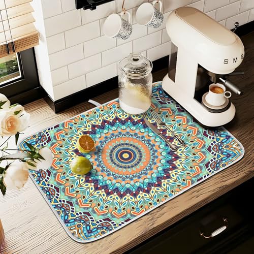 Bohemian Mandala Dish Drying Mat for Kitchen Counter Absorbent Microfiber Small Boho Ethnic Drying Pad Dish Mats for Kitchen Countertops 16 x 18 Inch (18" x 16")