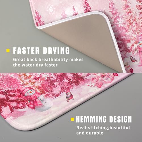 Pink Winter Dish Drying Mat Forest Washable Drying Matt Kitchen Counter Absorbent Coffee Mat for Women (Winter Forest Pink / 18" x 16")