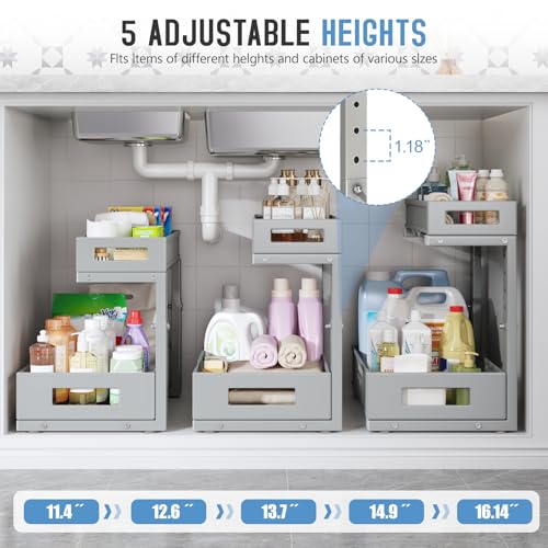1 Pack-11.4"-16.14" H Under Sink Storage Organizer, Large 2-Tier Elegant Mesh Pull Out Shelf for Kitchen & Bathroom Cabinet Organization, L-Shaped, Adjustable Height-Gun Gray (Gun Gray / 1 Pack-15.74"Dx11.4"-16.14"H)