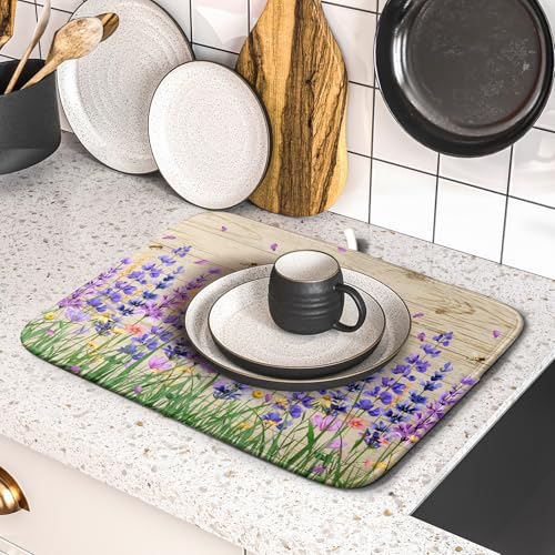 Lavender Floral Dish Drying Mat 16x18 inch Spring Summer Flower Decorative Fast Dry Dishes Drainer Mats Reversible Washable Dish Rack Pad (Lavender Floral / 16" x 18")
