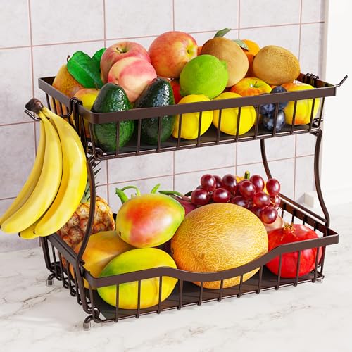 Large 2 Tier Fruit Basket for Kitchen Counter with 2 Banana Hangers (Bronze)