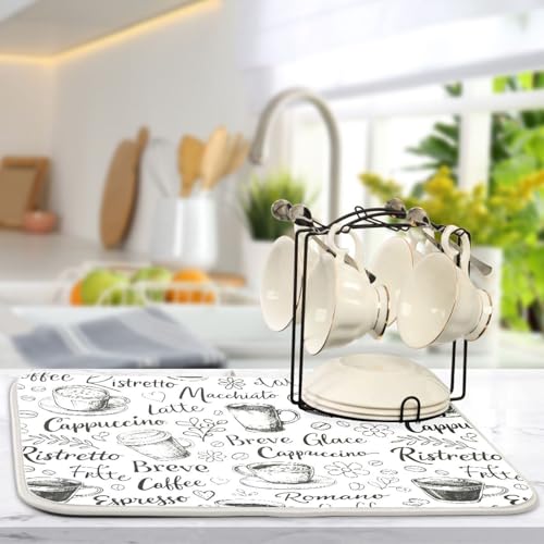 Coffee Cups Print Dish Drying Mat for Kitchen Counter Absorbent Microfiber Drying Pad (16" x 18")