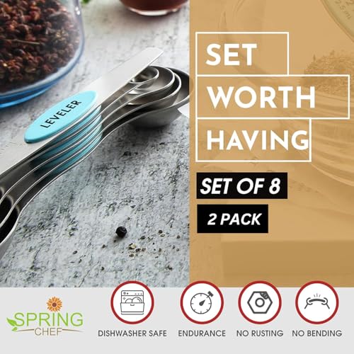 Stainless Steel 8 Magnetic Measuring Spoons (Blue (Aqua Sky) / 2-Pack)