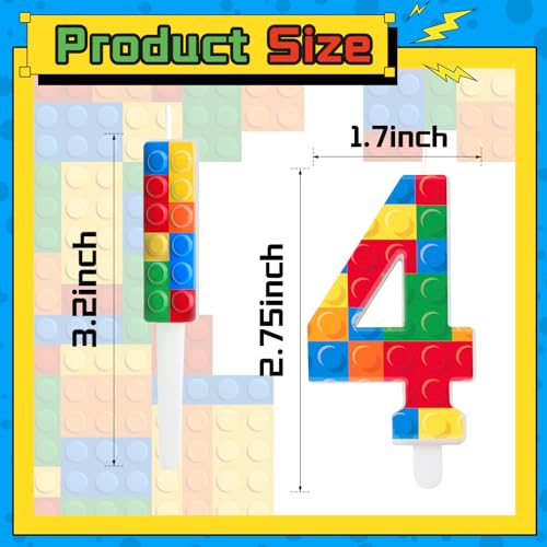 7 Pcs Building Block Themed Birthday Candles Set Building Blocks Number 4 Candle Cake Topper for Building Block Party Decoration Supplies (7 Count)