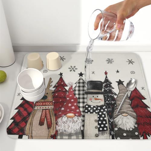 Winter Snowman Gnome Dish Drying Mat Xmas Tree Dishes Pad 16"x18" Microfiber Fast Dry Dish Drainer Rack Mats Kitchen Countertop Accessories (Winter Snowman Gnome / 16x18 inch)