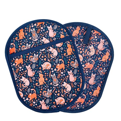 Pot Holders with Transparent Clear Silicone Shell and Nice Cat Flower (Potholders / Navy, Cat)