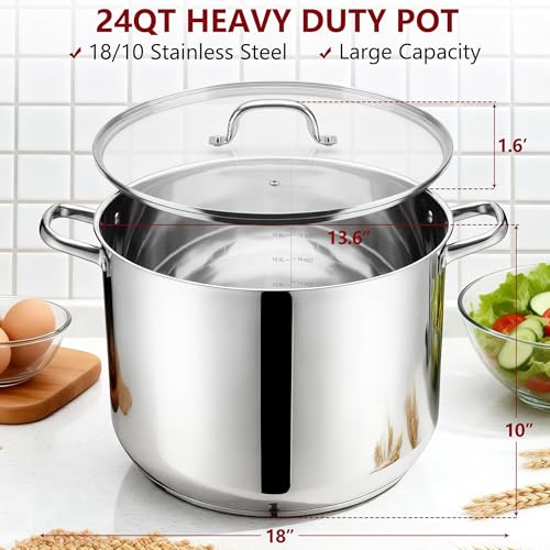 24-Quart 18/10 Stainless Steel Stock Pot with Lid, Large Heavy Duty Soup Pot Compatible with Electric, Gas, Induction and Gas Cooktops, Non-Toxic & Corrosion Resistant, Dishwasher Safe (24 Quarts)