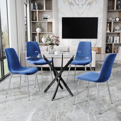 36” Square Glass Dining Table Set for 4 (Black Square Table/Blue Velvet Chairs / 5 Pieces)