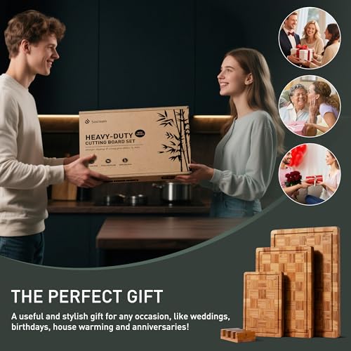 3 Pack Heavy Duty Bamboo Cutting Board Set Non Toxic Wooden Cutting Board for Kitchen Non Slip Solid End Grain Thick Wood Juice Groove Chopping Board Extra Large Butcher Block Best House Warming Gift (Multiple Sizes (Set of 3))
