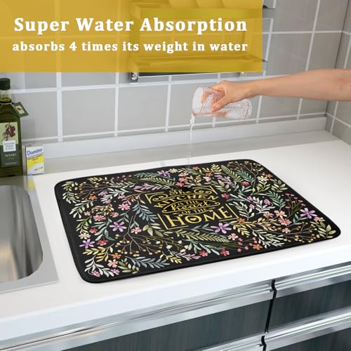 Vintage Microfiber Dish Drying Mat Wildflowers Leaves Absorbent Dry Mat for Kitchen Counter Decor (Vintage Leaves Black / 24" x 18")