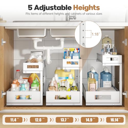 2 Pack 20.47IN Depth Under Sink Storage Organizer (White / 2 Pack-20.47"Dx11.4"-16.14"H)