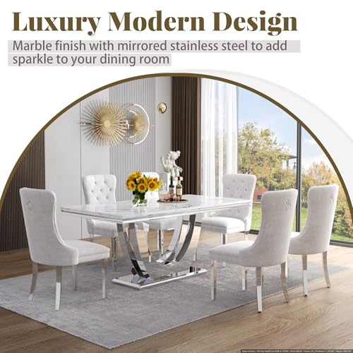Marble Dining Table Set for 4 (Silver-white & White Chairs / 5-piece (Table + 4 Chairs))