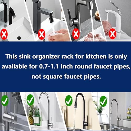 Kitchen Sink Faucet Organizer Multifunction Sponge Holder Organizer Sink Drain Holder Over Faucet Kitchen Sink Caddy with Hook Adjustable for 0.7 (Small / Silver)