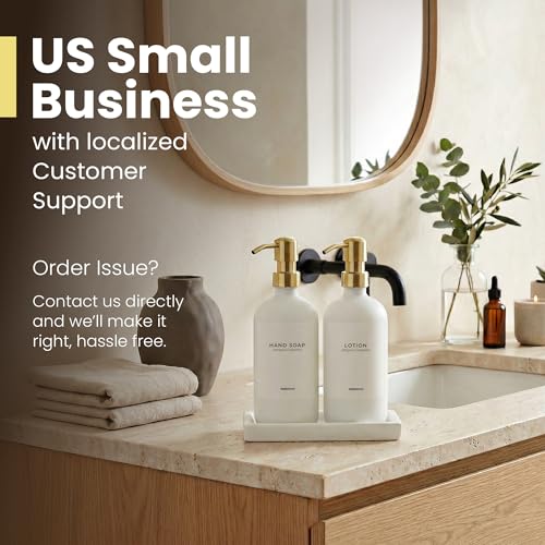 Bathroom Soap Dispenser Set (White Bottles Golden Pumps White Tray)