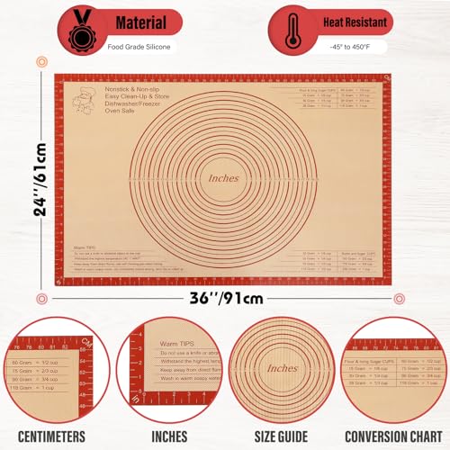Silicone Pastry Mat 36x24 Inch Extra Large Baking Mat with Measurements (Red / 36"L x 24"W)