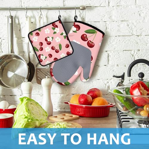 Cherry Oven Mitts and Pot Holders Sets Heat Resistant 4Pcs White Flower Potholders Oven Gloves Hot Pads for Kitchen Baking Cooking Grilling BBQ (Cherry Flower)