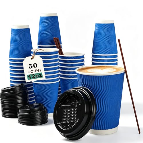 12 oz Disposable Paper Coffee Cups with Lids & Straws