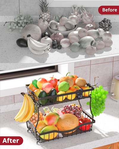 Large 2 Tier Fruit Basket for Kitchen Counter with 2 Banana Hangers (Black)