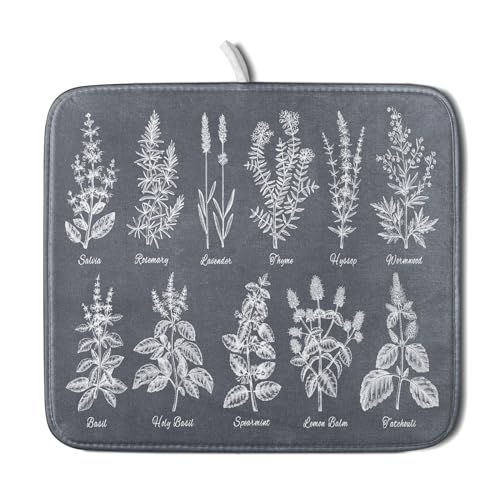 Flower Herbs Dish Drying Mat Wild Plant Dish Rack Mat with Hanging Loop Fast Dry Dish Drainer Pad for Kitchen Counter Sink 16x18 Inch (gray plant collection / 16" x 18")
