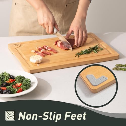 Extra Large Bamboo Board Charcuterie Non Slip Feet Over Sink Wooden Cutting Chopping Board Butcher Block Nice Solid Thick Juice Groove Big Xl XXl xlarge Hardwood Kitchen Counter Organic Meat BBQ Kit (1 Pack / Natural)