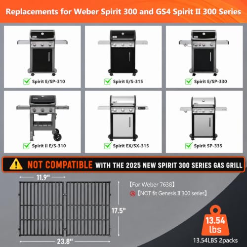 17.5" Grill Grates for Weber Spirit 300 (17.5”×11.9" – 2 Pack)
