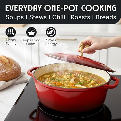 MUELLER HOME 5.5 Quart Enameled Cast Iron Oval Dutch Oven w Rooster Knob & Cotton Potholders (5.5 Quart -Oval / Red)