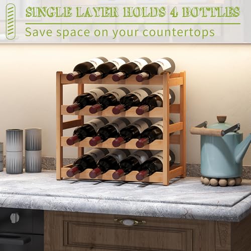 Bamboo Wine Rack Wine Storage Cabinet Shelf 16 Bottle Wine Racks Countertop Sturdy for Kitchen Dining Room Pantry (Natural / 4 Tier)