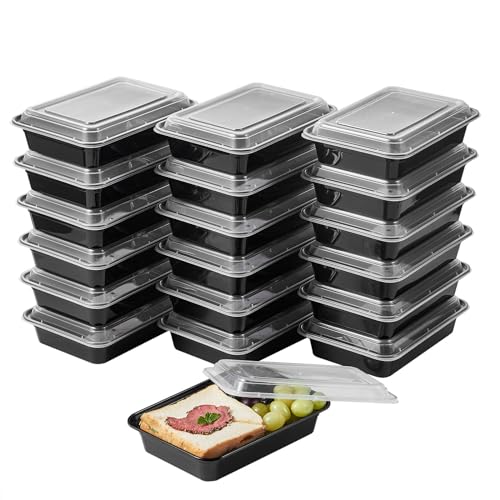 50 Pack Meal Prep Plastic Food Storage Containers With Lids 28 oz 1 Compartment Black Rectangular To Go Lunch Prepping Boxes BPA (28S-50)