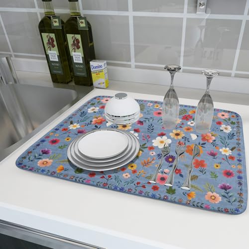 Colorful Flower Dish Drying Mat (Wildflowers Blue / 24" x 18")
