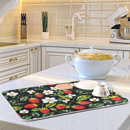 Strawberries White Flowers Dish Drying Mat for Kitchen Counter Absorbent Microfiber Drying Pad (18" x 18")
