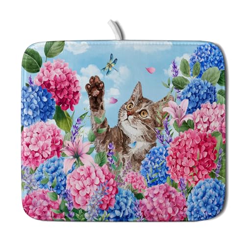 Hydrangea Floral Dish Drying Mat Cute Cat Microfiber Absorbent Dish Drying Pad for Kitchen Counter 16 X 18 (Colorful Hydrangea Cat / 18" x 16")
