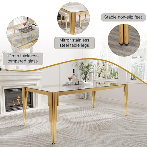 78'' Modern Glass Dining Table for 6 (Gold-clear / Rectangle-78.74" L x 39.37" W x 29.53" H)