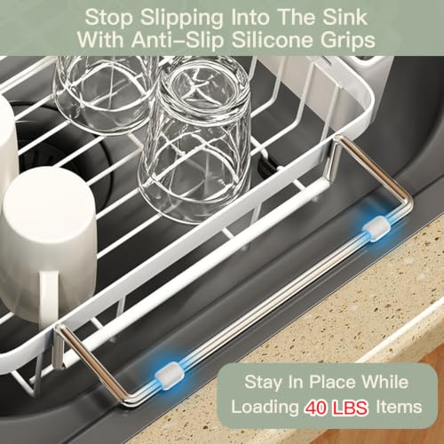White Expandable Dish Drying Rack Over Sink with Extra Drying Mat (White / For 13"-30" W Sink with Mat)