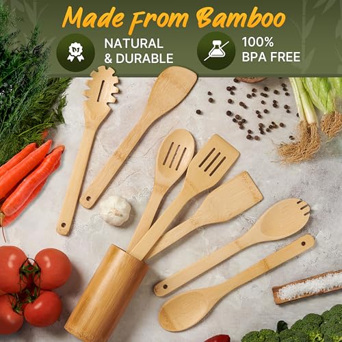 Bamboo Cooking Utensils Set 7 Pcs with Holder (7 Pieces Extended)
