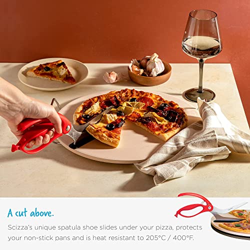 Scizza 2-In-1 Easy Ergonomic Pizza Scissors with Stainless Steel Pizza Cutter Blades & Non-Stick Slice Server - Red