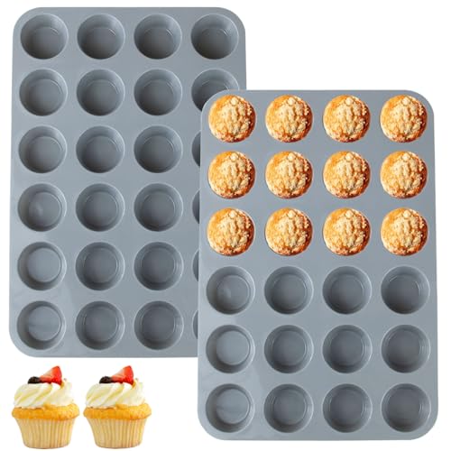 24 Cups Silicone Mini Muffin Pan Set (Set of 2--24 Cups (Gray+Gray))