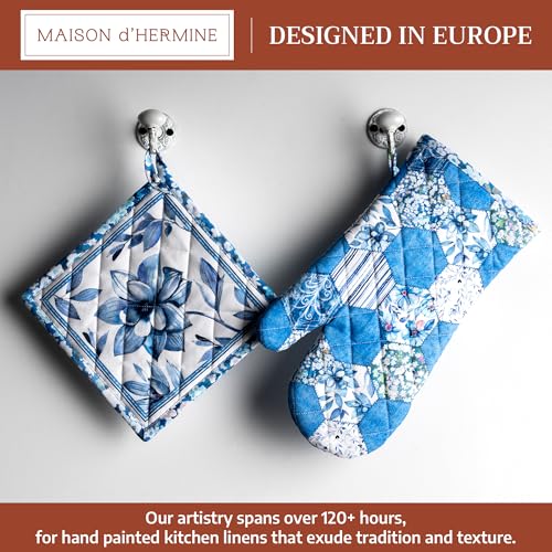 100% Cotton Oven Mitt & Pot Holder Set (028 - Summer Blues / 7.5" x 13" & 8" x 8" (Oven Mitt & Pot Holder))
