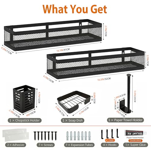 5-in-1 16.5" Extra Long Slim Wall Mount Wrapped Mesh Kitchen Organizer & Shower Caddy Kit, with Paper Towel Holder, Utensil Holder, Soap Dish, Holds 50LBS - Matte Black, Netting (Matte Black / 5-in-1 Full Mesh (16.5" Extra Long))