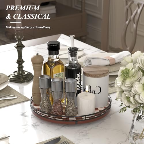 12 Inch Brown Checkerboard Lazy Susan with Black Metal Rail (Brown & White / 12 inches)
