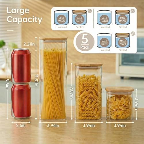 Square Glass Jars with Bamboo Lids [Muti Size Set of 5] (5 Count)