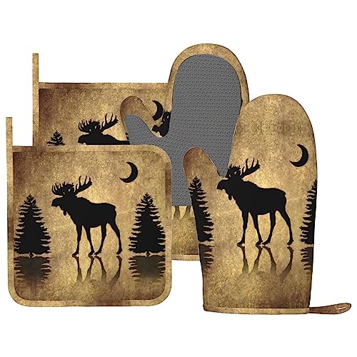 Rustic Elk Moose Deer Forest Pine Tree Moon Design Oven Mitts and Pot Holders Sets Silicone Moose Kitchen Mitts Potholders Heat Resistant 4Pcs Moose Oven Gloves Hot Pads for Kitchen (Vintage Moose)