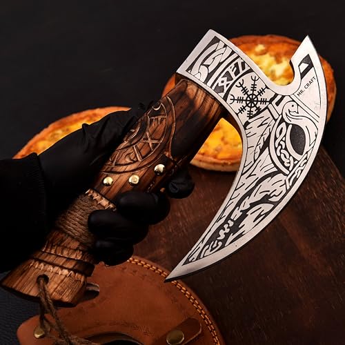 Pizza Cutter Axe Carbon Steel Slicer Chef Viking Axe with Leather Cover (Hand Engraved Etched Ash Wood)