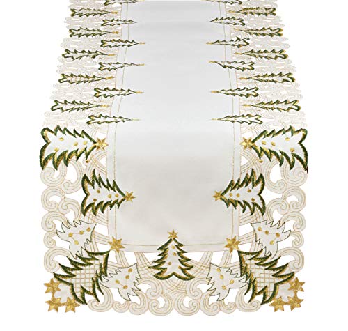 Pandoro Collection Holiday Embroidered Christmas Tree Cutwork Border 16 x 54 Inch Table Runner (Ivory / 16"x54" Table Runner)