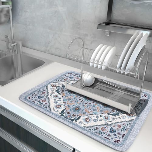 Boho Flower Dish Drying Mat Blue Bohemian Dishes Drainer Rack Mat 18x24 Inch Microfiber Kitchen Drying Pad for Countertop Tableware Decor (Blue Bohemian / 18 x 24 inch)