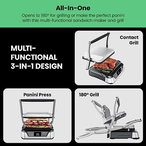 5-in-1 Digital Panini Press Grill Sandwich Maker and Griddle Grill Combo with Removable, Reversible Dishwasher-Safe Grilling Plates, Opens 180° for Indoor BBQ /Flat Top Grill, Stainless steel (4 Slice - Digital)