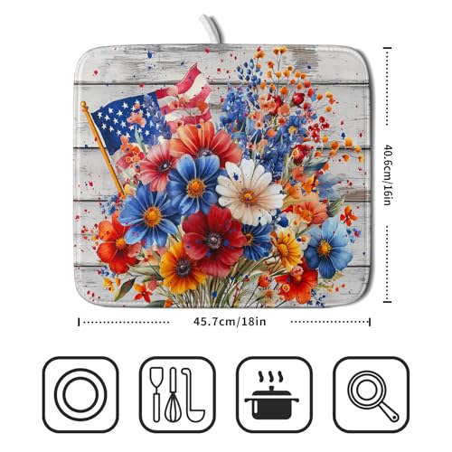 4th of July Dish Drying Mat 16x18 inch Patriotic Floral Fast Dry Microfiber Reversible Dish Drainer Rack Pad Kitchen Counter Accessories (Patriotic Floral / 16" x 16")